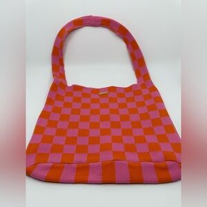 NWT Kopari Limited Edition Knitted Tote Bag Checkered Orange & Pink